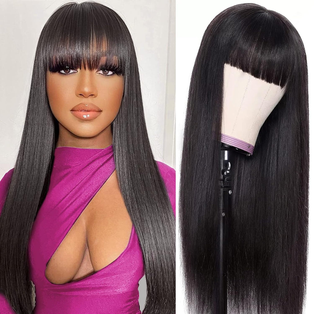 Machine Made Human Hair Wig With Bangs, Straight Natural Color Wig, 150 Density