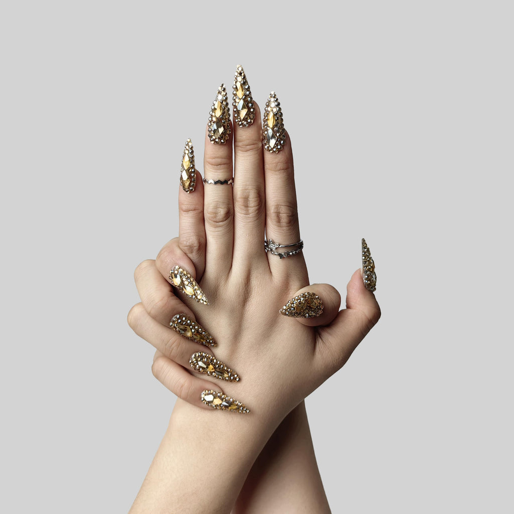 GGddsha Full Diamond Medium Almond Press On NailsReusable PMMA Acrylic Handmade Nails Full Deluxe 3DCrystal Fake Nails W Box Gift For Women,Crown Jewel