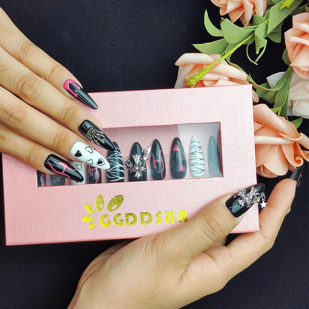GGddsha Dark Series Pure Handmade Pressed Full StickMedium Almond Nails Hand Painted Designs ReusablePMMA Acrylic Press On Nails With Rhinestones Fake Nailsw Box Ladies Gifts,Eclipse Sketch