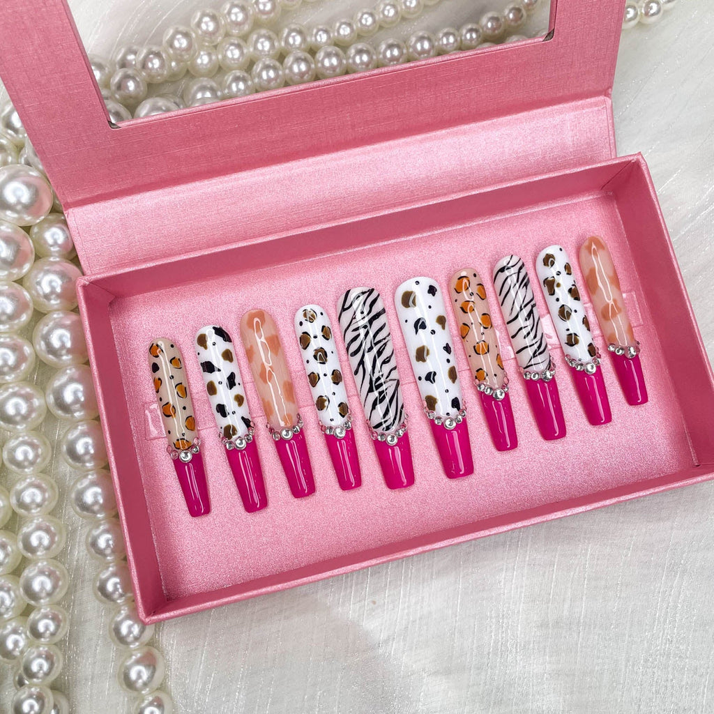 GGDDSHA Nails 10pcs Handmade Press On Nails -GlitterGold Diamond Extra Long Stiletto Reusable Gel UV FinishedFalse Nails, Designer Fashion 3D Hand-painted Nails ,Diamond Zebra