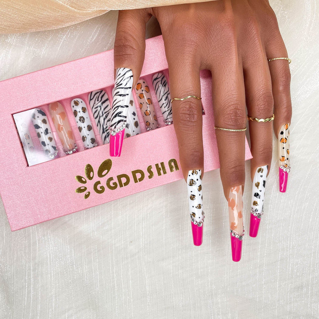 GGDDSHA Nails 10pcs Handmade Press On Nails -GlitterGold Diamond Extra Long Stiletto Reusable Gel UV FinishedFalse Nails, Designer Fashion 3D Hand-painted Nails ,Diamond Zebra