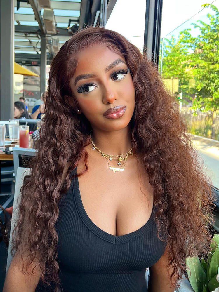 Chocolate Brown 4x4 Lace Closure Human Hair Wig, Water Wave Wig Color 4, 150 Density