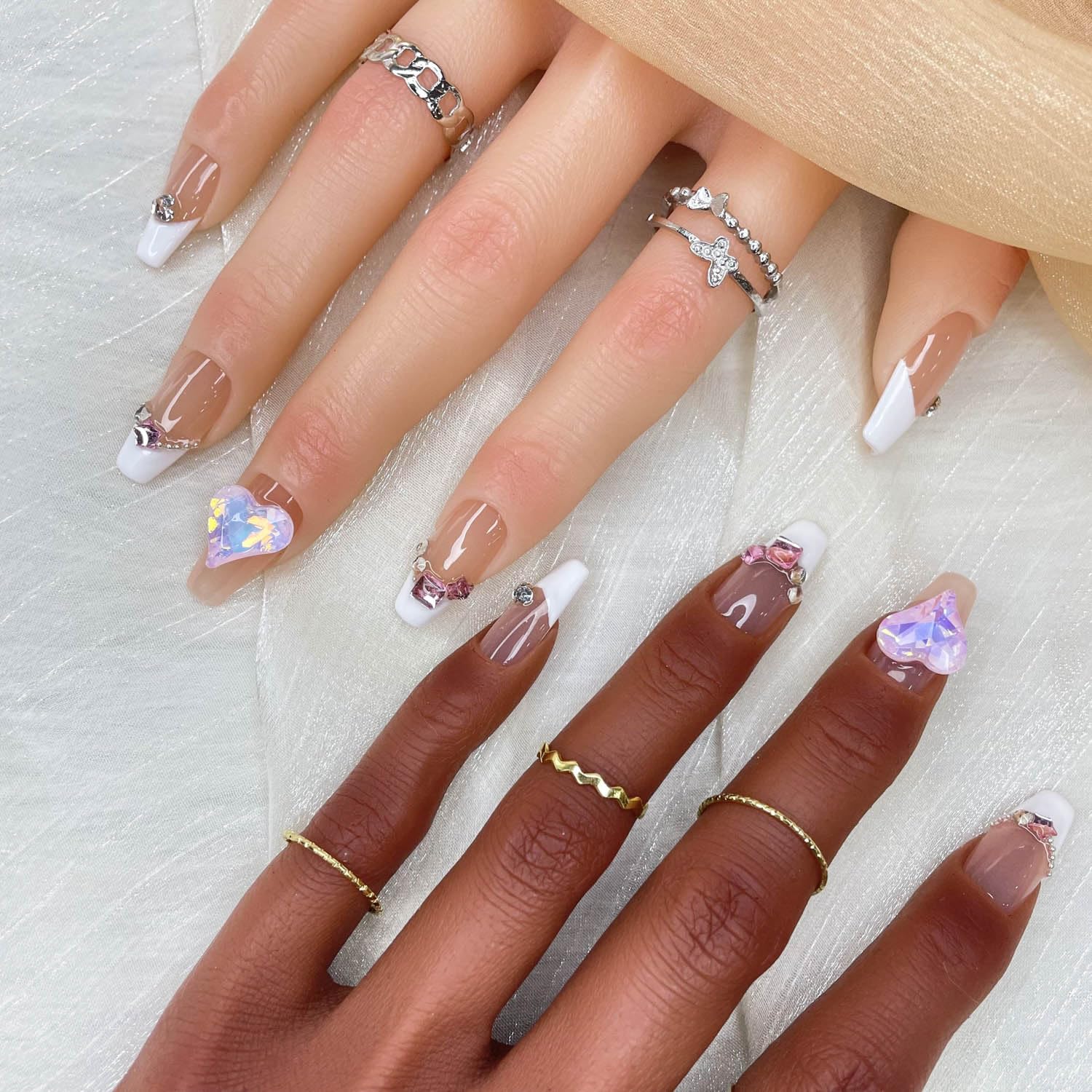 GGDDSHA 10pcs  Press On Nails Long CoffinFake Nails Fashion Rhinestone Design Art Charmsfor Women Handmade Nail Art Manicure Gradient,Luxe Amour