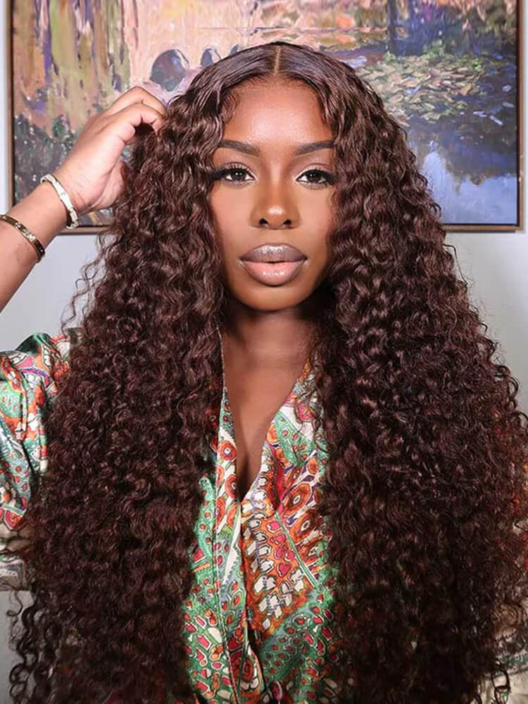 Chocolate Brown 4x4 Lace Closure Human Hair Wig, Water Wave Wig Color 4, 150 Density
