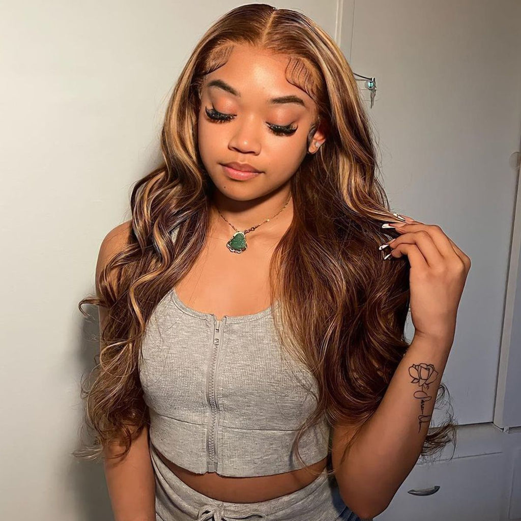 4x4 Lace Closure Human Hair Wig, Body Wave Wig In P427 Color, 150 Percent Density