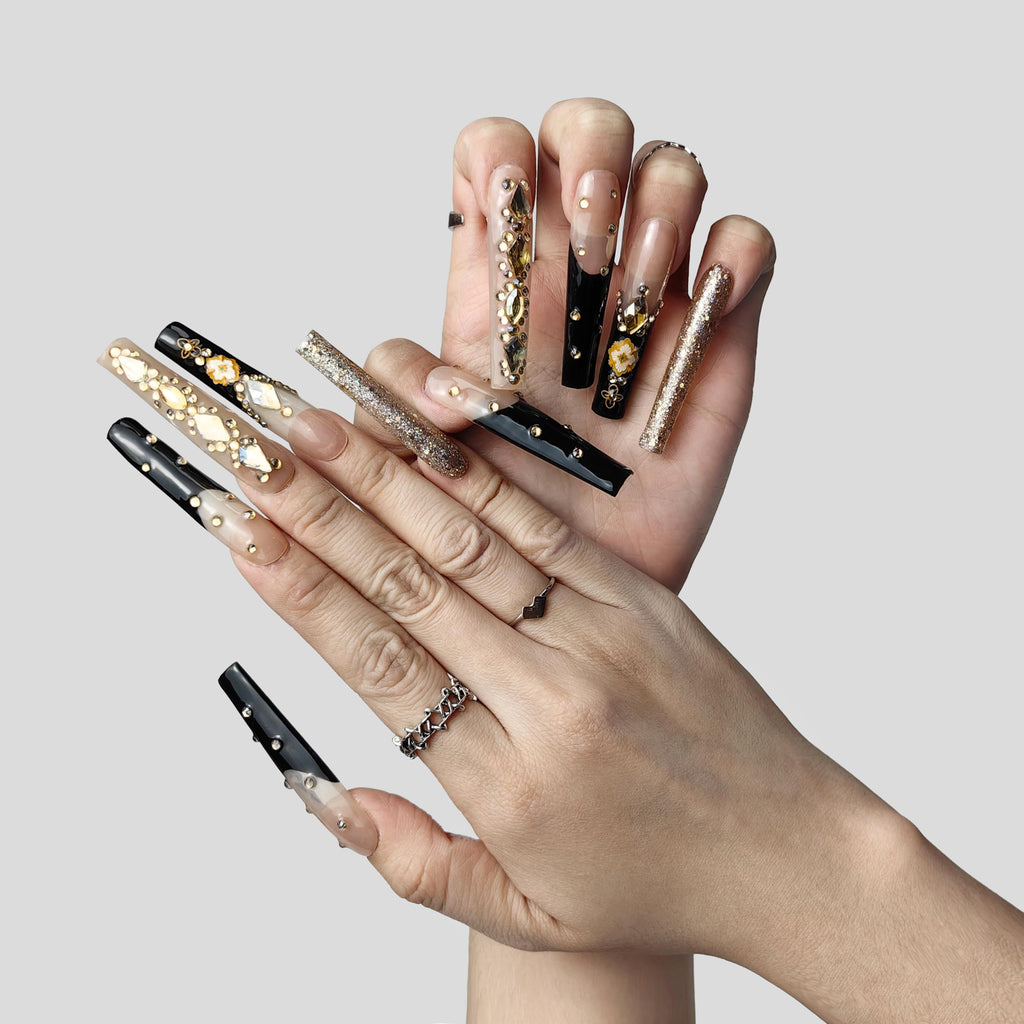 GGDDSHA Nails Handmade Press On Nails Long PinkDesign By Nail Technician, Handmade Painted Nail ArtReusable Stick On Nails In S,M,L 3Sizes,Eclipse Elegance