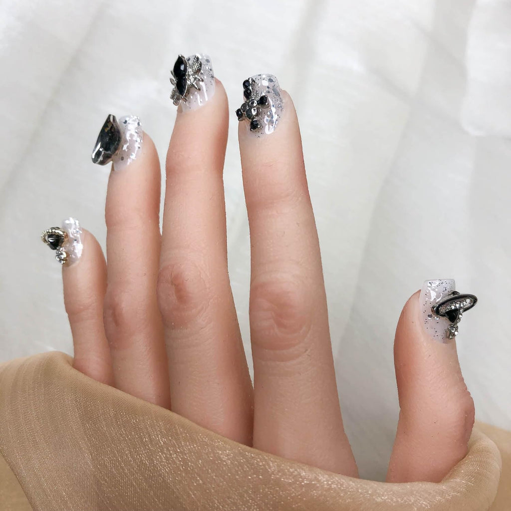 GGDDSHA Press On Nails Short, No Fade Out Fake NailsSeamless Fit Soft Gel Glue On Nails Charms For WomenHandmade Nail Art Manicure Gradient,Midnight Stardust