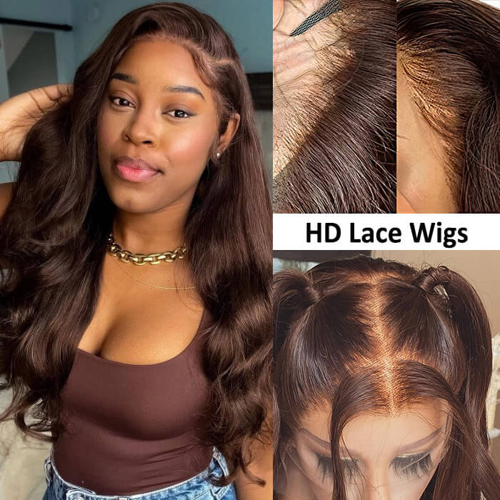 Chocolate Brown 4x4 Lace Closure Human Hair Wig, Body Wave Wig Color 4, 150 Density