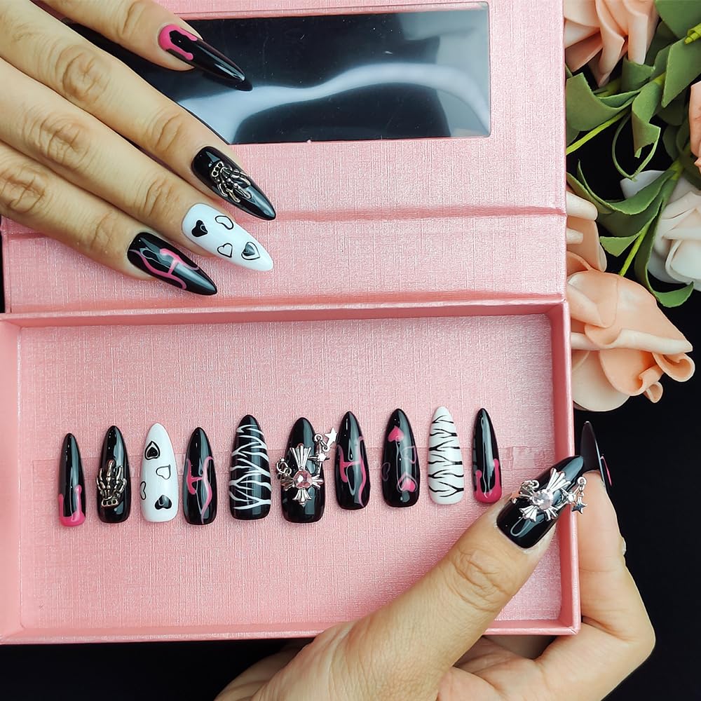 GGddsha Dark Series Pure Handmade Pressed Full StickMedium Almond Nails Hand Painted Designs ReusablePMMA Acrylic Press On Nails With Rhinestones Fake Nailsw Box Ladies Gifts,Eclipse Sketch