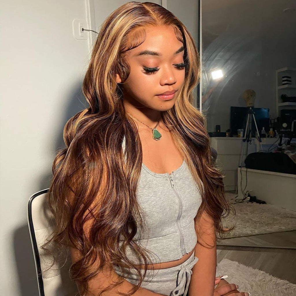 4x4 Lace Closure Human Hair Wig, Body Wave Wig In P427 Color, 150 Percent Density