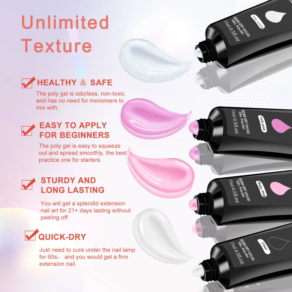6 PCS Poly Gel Nail Kit With UV Lamp, Nail Brush And Nail Forms Top Base Coat Builder Nails Art Tools